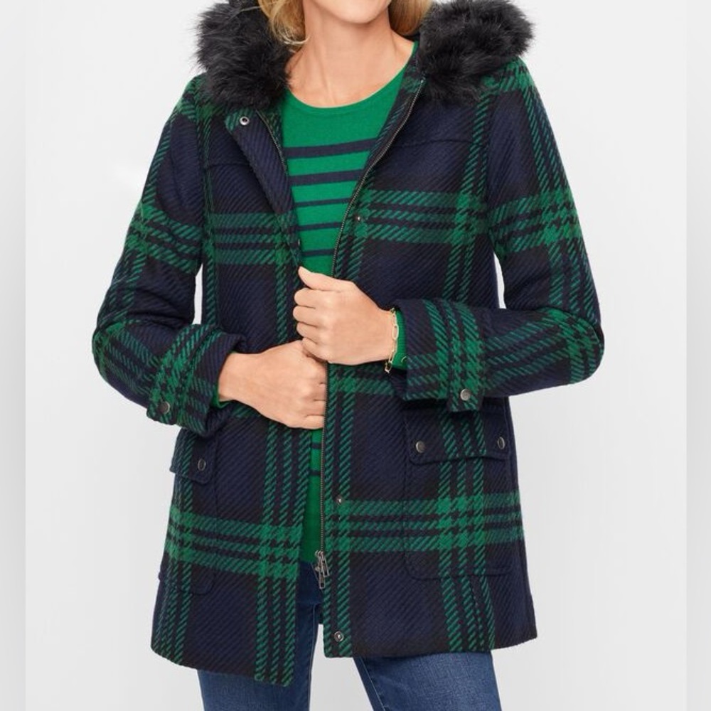 Talbots FAUX FUR LINED PARKA - BLACK WATCH PLAID